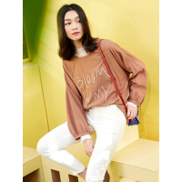 百搭圆领打底衫春秋装学院风文艺字母刺绣亚麻长袖T恤女-714086