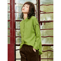 简约纯色立领衬衣春装复古宽松衬衣长袖衬衫女中长款714004