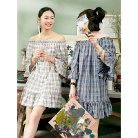 荷叶边一字领连衣裙夏装超短裙格子七分袖女短裙子-727049