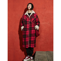 长款休闲棉衣冬装文艺复古纽扣格纹长袖直筒棉服女732005