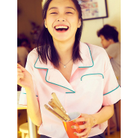 文艺撞色小清新上衣夏装学院风ins套头短袖棉衬衫女短款-724192