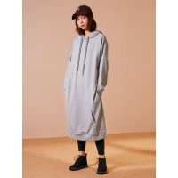 春装H型文艺纯色学院风口袋连帽卫衣式连衣裙女裙子-747040