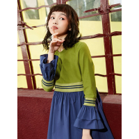 春装H型文艺荷叶边裙子撞色长袖民族连衣裙短裙子717010