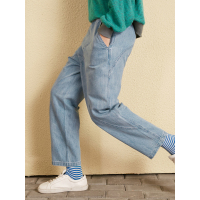 春装长裤秋文艺松紧腰拼接式雪花洗牛仔裤女-748011