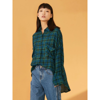 森宿中长款衬衣春装2018新款格纹圆弧下摆长袖衬衫女-A8101039