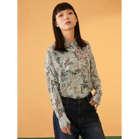 森宿印花衬衣春装2018新款文艺花卉满印宽松雪纺衬衫女-C8101042