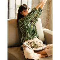 森宿Y长袖衬衣春装2018新款文艺复古V领条纹宽松衬衫女C8101035