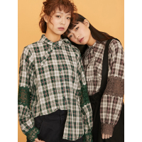 森宿春装2018新款文艺蕾丝拼接格子衬衣蝴蝶结衬衫女-A8101036