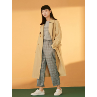 森宿长款外套春装2018新款文艺双排扣收腰翻领风衣女-C8108003