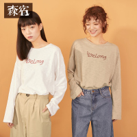 纯棉打底衫春装2018新款文艺休闲字母印花宽松长袖T恤女-B8105025