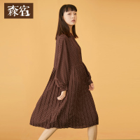 森宿中长款百褶裙春装2018新款文艺小立领波点连衣裙女-C8100044
