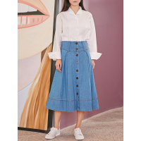 森宿Y春装2018新款文艺收褶装饰扣A字牛仔半身裙女B8117008