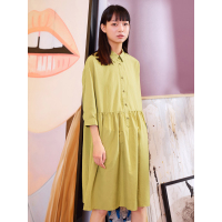 森宿Y春装2018文艺衬衫领碎褶裙摆七分袖连衣裙女A8100032