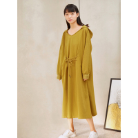 森宿Y春装2018新款文艺系带装饰连帽长袖连衣裙女C8100033