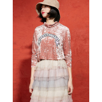 丝绒休闲上衣春装文艺珠片字母绣花修身圆领长袖T恤女-734113