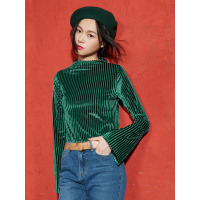 丝绒坑条打底衫春装文艺休闲喇叭袖纯色半高领长袖T恤女-734090