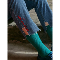 刺绣直筒九分裤春装文艺休闲脚口撞色牛仔裤女-738019