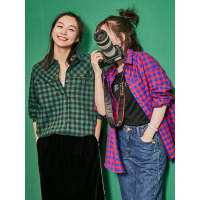 圆环格子衬衣春装宽松文艺简约长袖衬衫女中长款-734018