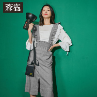 复古半身裙春装女文艺复古格子收腰木耳边背带裙女中长款-737016