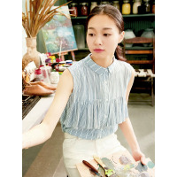 复古文艺荷叶边纯棉衬衣夏装无袖条纹学院方领棉衬衫女-724077