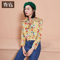 复古碎花文艺印花荷叶边衬衣春装蝴蝶结直筒长袖衬衫女-734154