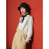 复古高领系带木耳边装饰上衣春装文艺百搭长袖白衬衫女-734069
