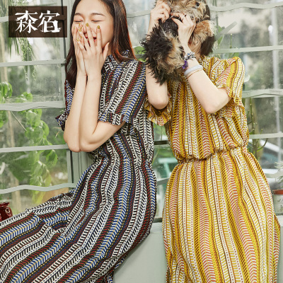夏装女2017新款文艺复古修身木耳边复古印花连衣裙中长款-727026