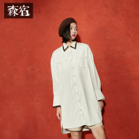 文艺喇叭袖宽松翻领裙子春装长袖连衣裙女裙子-737040