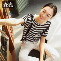 文艺圆领宽松套头上衣夏装撞色条纹针织衫女短袖-729004