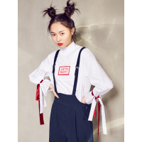 文艺字母印花系带袖口衬衣春装花苞领长袖套头纯棉衬衫女-734082