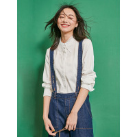 文艺翻领POLO领衬衣春装简约纯棉长袖白衬衫女中长款-734035