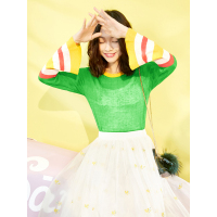 春装学院风修身圆领条纹打底衫喇叭袖针织衫女-719024