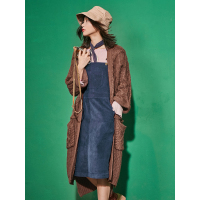 春装宽松纯色提花口袋开衫休闲外套毛衣女中长款-739015