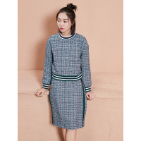 春装棉文艺撞色罗纹复古织带毛呢外套套装女-736015