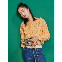 木耳边衬衣春装文艺碎花松紧袖口复古长袖衬衫女-734020