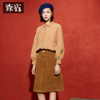 灯笼袖学院风休闲上衣春装文艺范绣花翻领长袖衬衫女-734060