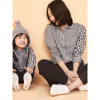 甜美校园衬衣春装文艺休闲拼接格纹翻领衬衫童装亲子装-744071