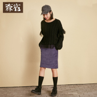 短款休闲上衣冬文艺网纱拼接麻花宽松廓形毛衣女-749010