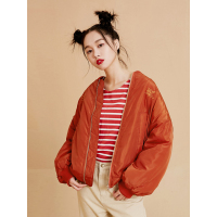 短款休闲棉衣冬文艺趣味文字刺绣印花口袋棉服女-732055