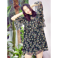 碎花裙子春装通勤款文艺荷叶边小高领复古印花连衣裙女-717055