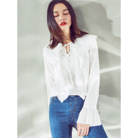 简约白色衬衣春装文艺浪漫ins系带甜美荷叶边纯色衬衫女-734008