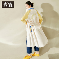 长袖收腰街头休闲春装抽绳宽松直筒长款风衣外套女-711043
