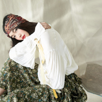 长袖衬衫春装简约百搭宽松V领系带chic衬衣女中长款-714117