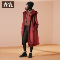 森宿连帽呢大衣冬装纯色风衣式长款直筒毛呢外套女742036