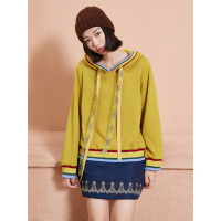 连帽休闲外套春装文艺撞色罗纹织带抽头卫衣女-734133