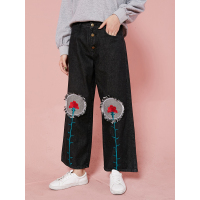 宽松阔腿裤春装文艺花卉刺绣挺括牛仔裤长裤子女-748006