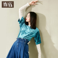 宽松简约打底衫短款上衣春装chic字母绣花钻石绒T恤女-714111