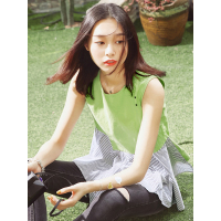 文艺不对称拼接无袖上衣夏装圆领百搭条纹套头棉衬衫女-724064