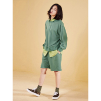 春装文艺撞色假两件衬衫领卫衣阔腿中裤套装女-746005