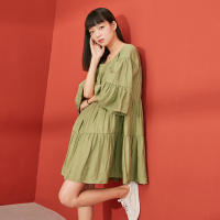 森宿Y春装2018新款文艺装饰系带喇叭袖蛋糕长款连衣裙女A8100013